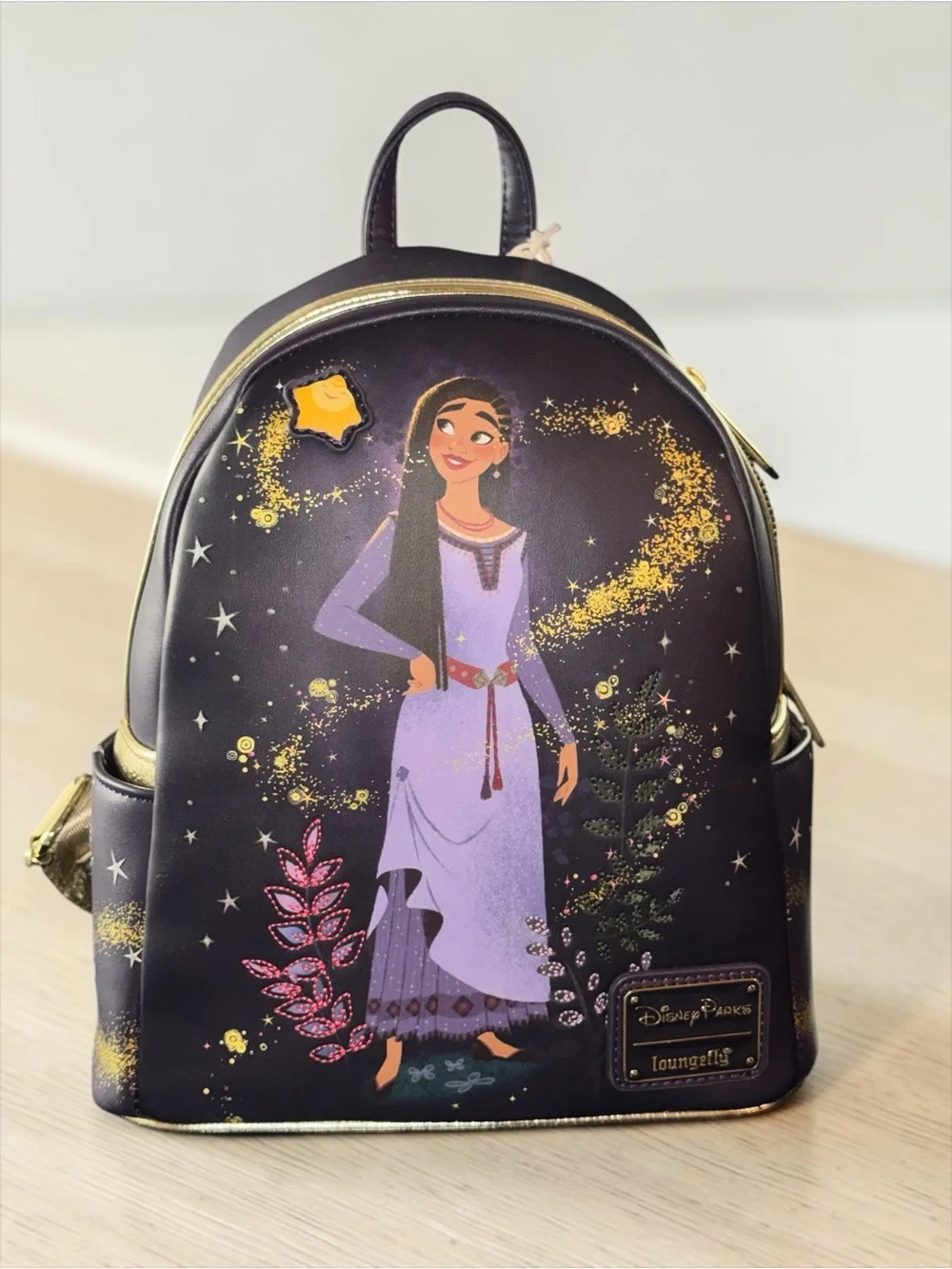 Loungefly Wish Asha Star Purple and Gold Mini Backpack